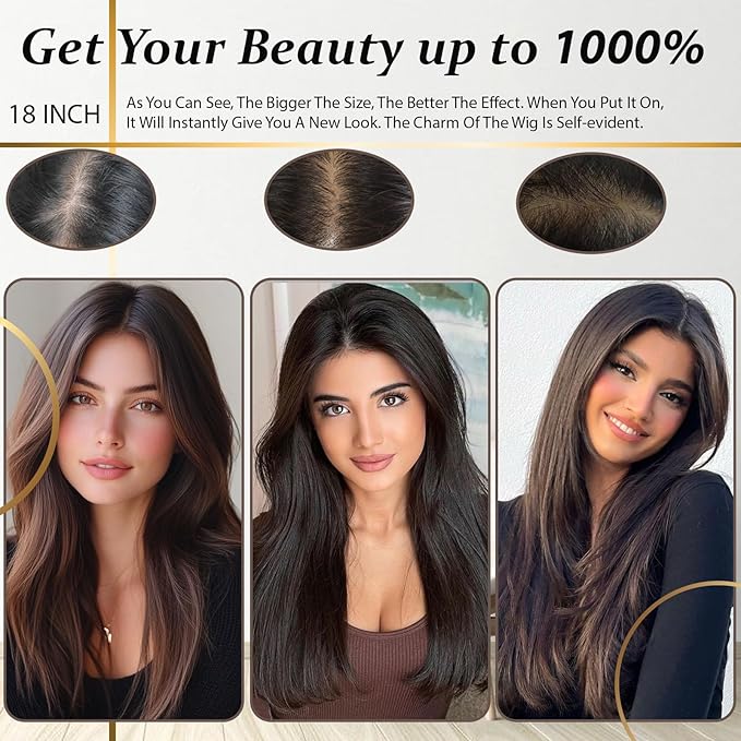 Hair Toppers for Women Real Human Hair, 360° 3D Human Hair Toppers for Women with Thinning Hair Upgrade Middle Part Clip in Bangs (Mocha Brown NEW, 14 Inch-3D-Side)