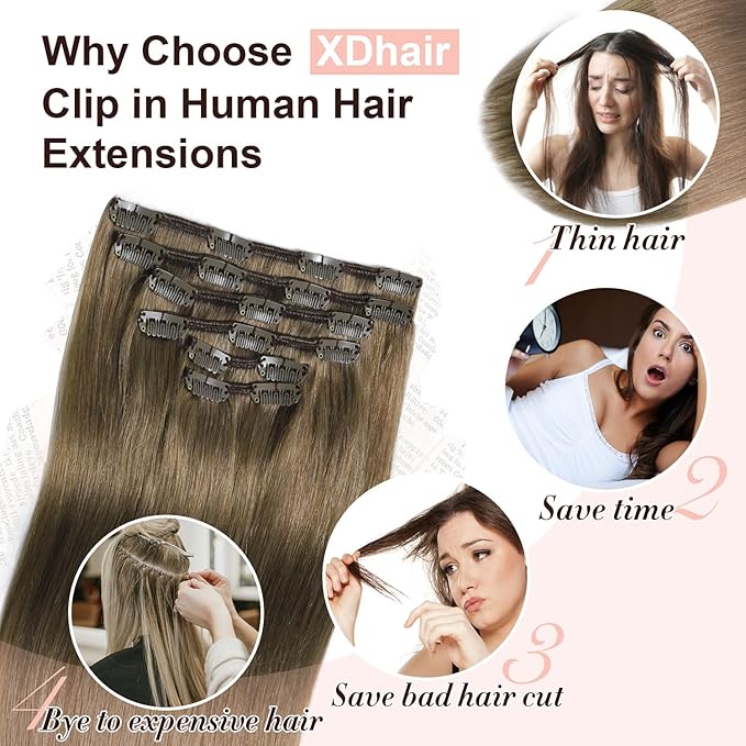XDhair Clip in Hair Extensions Human Hair,120g 22 Inch Ash Brown Clip in Hair Extensions Straight Remy Hair for Women 6 Pieces (#8,22Inch)