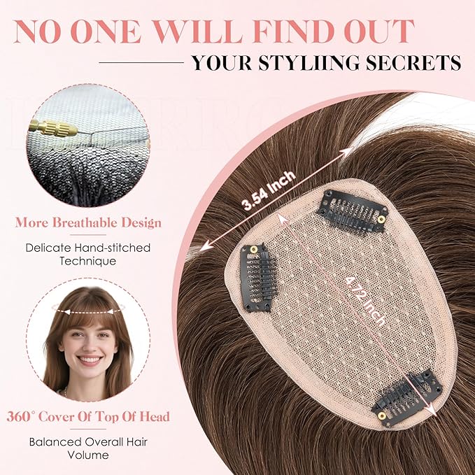 Hairro Human Hair Toppers with Wispy Bangs, 3.5x4.7" Hand-wovened Base for Women with Thinning Hair, Lightweight & Breathable Realistic Scalp, Clip-in Hairpieces for Easy Wear, 16 Inch Dark Brown