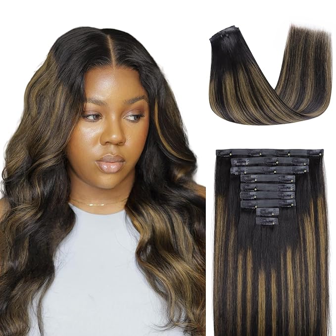 Lashey Seamless Clip in Hair Extensions Human Hair 130g 9pcs Straight Natural Black Mixed Chestnut Brown 14 Inch Hair Extensions with PU Soft Invisi Edge for Women