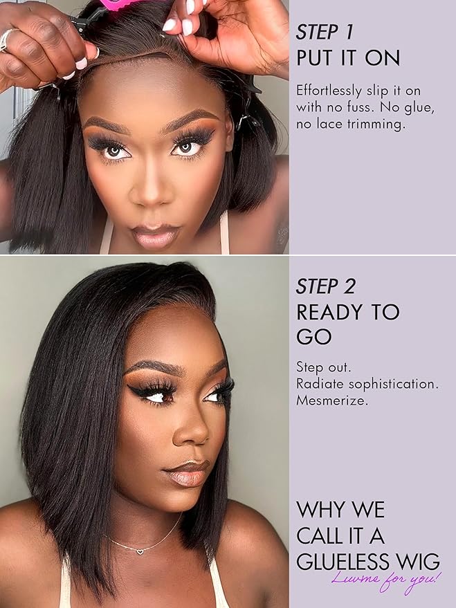 LUVME HAIR 12 Inch Light Yaki Straight Bob Wig Human Hair, Undetectable HD Lace Glueless Bob Wigs Human Hair Pre Plucked, Pre Cut Lace Wig Short Black Blunt Cut Bob Wigs