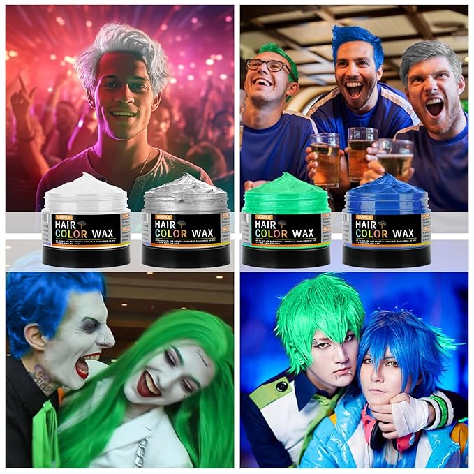 4 Colors Temporary Hair Color Wax for Christmas Party, Stocking Stuffers - DIY Washable Natural Instant Hair Color for Women Temporary Hair Dye for Kids Teens Women Men(White&Gray&Green&Blue 5 pcs)