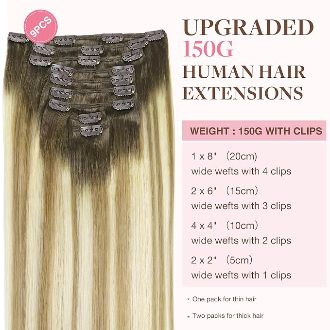 GOO GOO Clip in Hair Extensions Real Human Hair, Remy Human Hair Extensions Clip ins for Women, Natural Human Hair, 16inch 150g 9Pcs, 5A/90/16F Bahamian Balayage