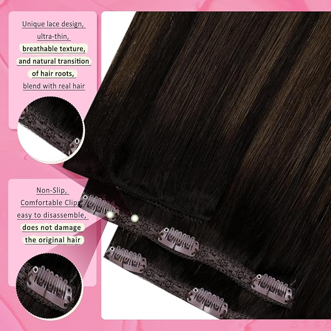 YoungSee 135G Clip in Hair Extensions Balayage Brown Clip in Hair Extensions Real Human Hair Dark Roots Ombre Medium Brown Balayage Hair Extension Clip ins Easy to Wear 16Inch 7Pcs