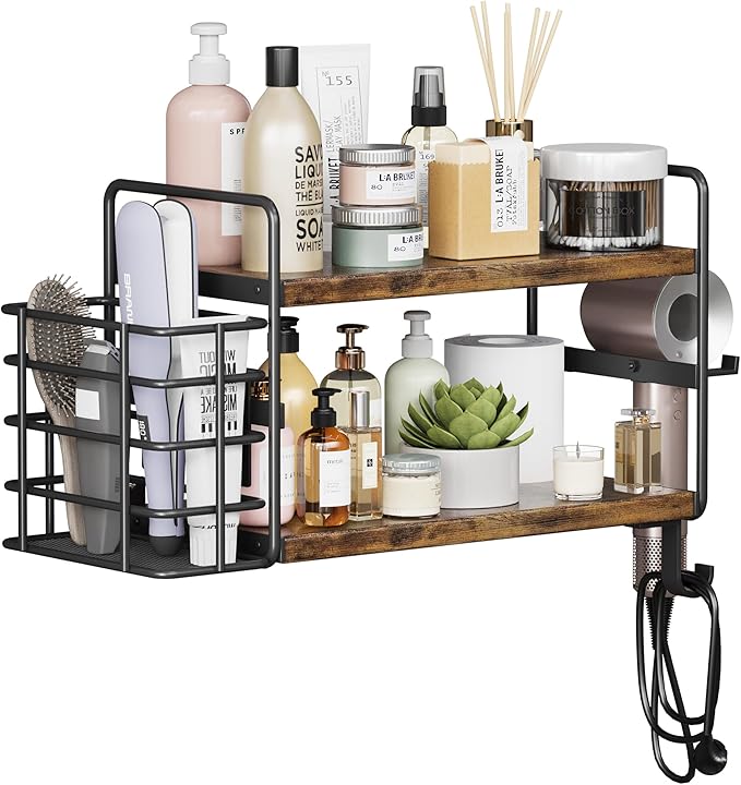 3-in-1 Wall Mounted Hair Dryer Holder with 2 Tier Shelves & Detachable Basket, Space Saving Organizer for Bathroom, Kitchen, Bedroom, Rust-Resistant, Easy Install