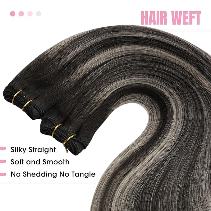 YoungSee 125G Black Hair Extensions Weft Balayage Natural Black Mix Silver Grey Weft Hair Extensions Human Hair Ombre Sew in Extensions for Long Hair 22In