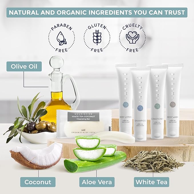 Infuse Amenity & Accessory Kit | 1 oz Travel Size Shampoo, Conditioner, Lotion, Body Wash, 2 Cleansing Bars, Shave & Dental Sets, Make-Up Remover Wipes, & Vanity Kit | 60 sets per case