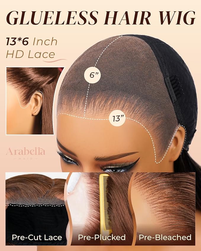 Arabella 13x6 Chocolate Brown Glueless Wigs Human Hair Pre Plucked Pre Cut 13x6 Ear to Ear Full HD Lace Front Wigs Human Hair 210% Density 4# Brown Straight Wig Drawstring Wig Human Hair 22 Inch