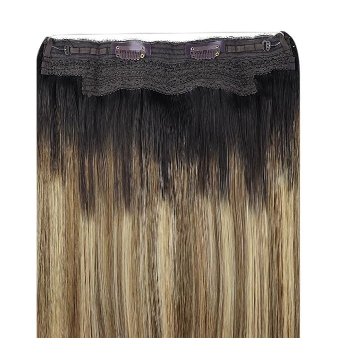 YoungSee 135G Wire Hair Extensions Real Human Hair Ombre Wire Hair Extensions Multicolor Human Hair Fish Line Extensions Dark Brown Roots to Medium Brown with Blonde Balayage 24inch