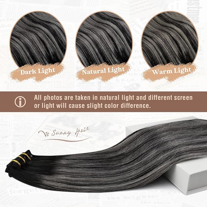 Ve Sunny Clip in Hair Extensions Real Human Hair Black Ombre Clip in Human Hair Extensions for Women Human Clip in Hair Extensions Natural Black Grey Silver Easy-to-wear 7pcs 120g 20inch