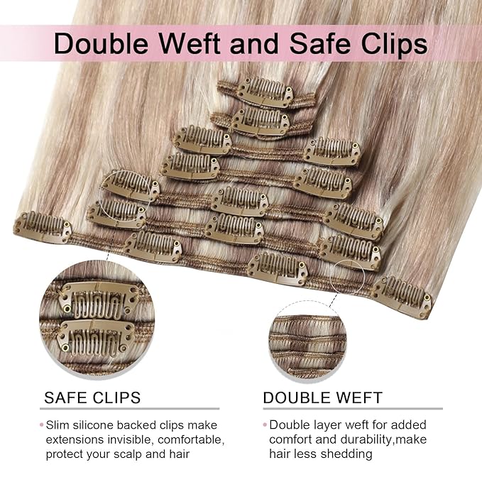 Pro2.0 Clip in Hair Extensions Real Human Hair 120g Thick 7pcs #18/22/60 Balayage Ash Blonde to Golden Blonde and Platinum Blonde Real Human Hair Extensions Clip ins 14inch（#18/22/60-14inch）