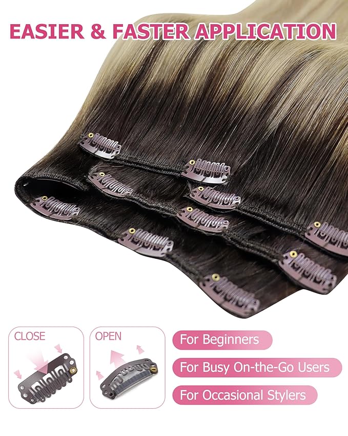 YoungSee Clip in Human Hair Extensions Ombre Real Human Hair Extensions Clip ins Medium Brown Ombre Golden Mix Platinum Blonde Balayage Clip on Hair Extension Ease of Use 14In 120G 7Pcs