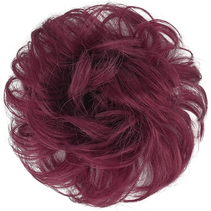 FESHFEN Human Messy Buns - 100% Human Hair Bun Real Scrunchies Hair Pieces Ponytail Extensions Wavy Tousled Updo Chignon Hairpieces for Women, Wine Red