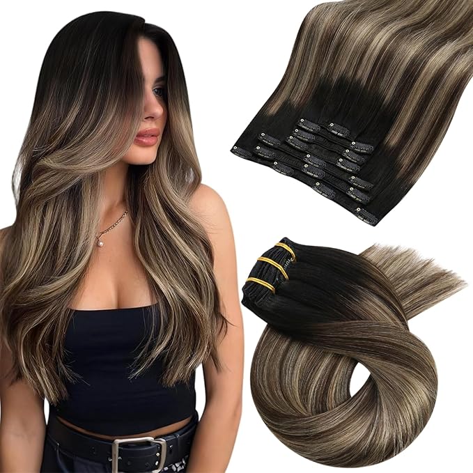 Moresoo Black to Blonde Ombre Clip in Hair Extensions 24 inch Human Hair Clip in Extensions Balayage Natural Black to Dark Brown with Dark Golden Blonde Straight 120g/7pcs 24in