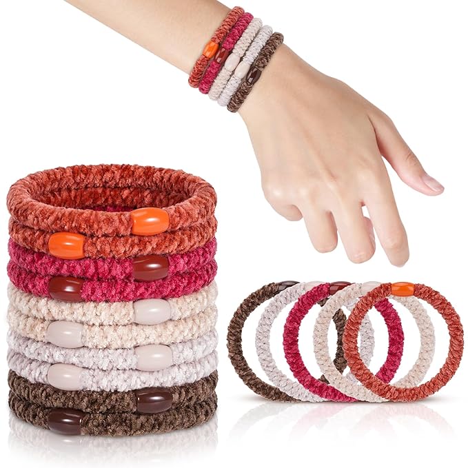 Braided Hair Ties No Damage, Soft Plush Hair Elastics, Ponytail Holders & Hair Bands for Women & Girls, Thick Hair, Stretch Wrist Bracelet Ties, Gentle All-Day Hold, Set of 10 - Ember Glow