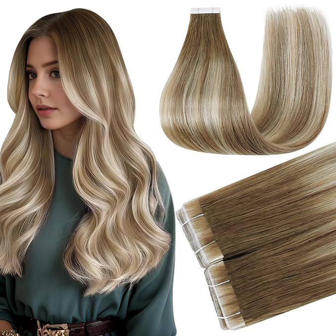 Full Shine Injection Tape in Hair Extensions Color 3/8/22 Ombre Balayage Human Hair Tape in Extensions 14Inch Seamless Skin Weft Natural Straight Remy Extension 40G 20Pcs Soft Silky