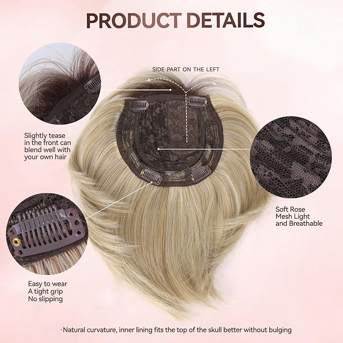 LEEONS Hair Toppers for Women with Bangs Short Bob Synthetic Pieces for Thinning Hair Side Part (Blonde Mixed Light Blonde and Dark Brown Root)