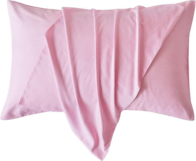 JELLYMONI 100% Natural Cotton Striped Standard Pillowcases Set, 2 Pack White and Thin Pink Striped Pattern Printed Pillow Covers with Envelope Closure(Pillows are not Included)