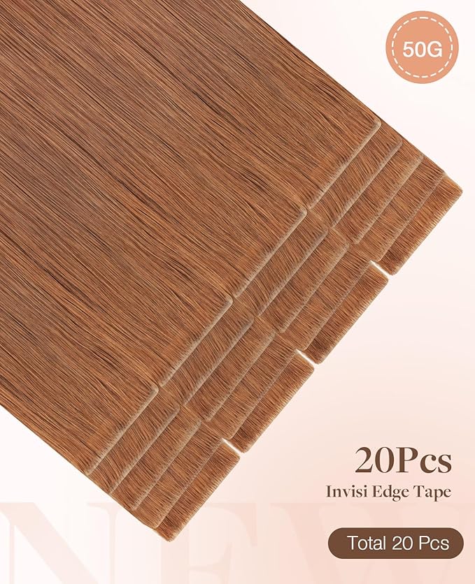 GOO GOO Invisi Edge Tape in Hair Extensions Human Hair, 330 Cinnamon Terra Copper, 20pcs 24inch 50g, Virgin Remy Hair, Seamless Injected Tape, Natural Look