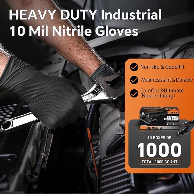 HEAVY DUTY 10 Mil Nitrile Gloves Disposable Rubber Cooking Gloves Industrial Raised Diamond Texture,Latex Free 1000PCs