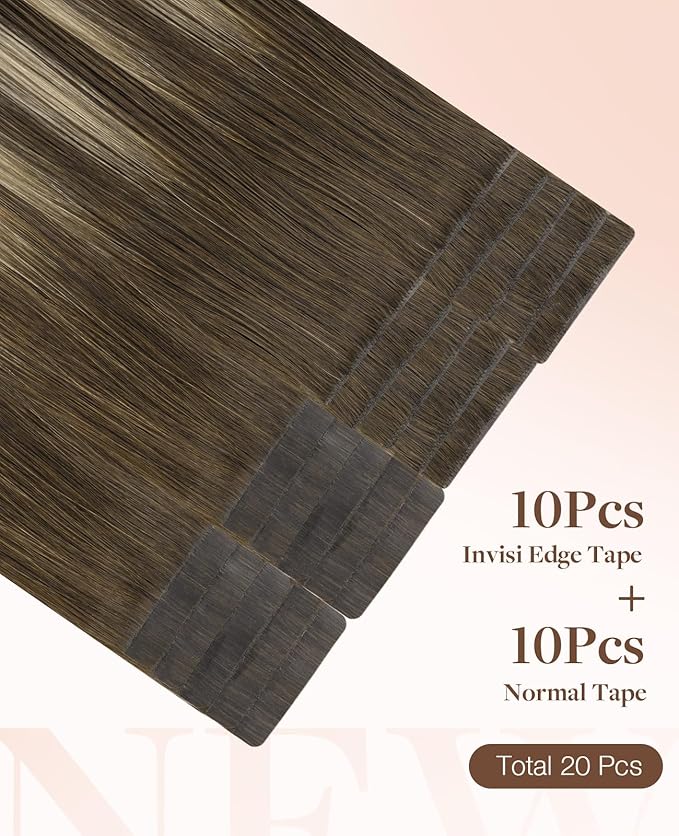 GOO GOO Invisi Edge Tape in Hair Extensions Human Hair, 4/26/4 Balayage Chocolate Brown to Honey Blonde 10pcs injected with 10pcs classical tape ins, 18inch 50g, Virgin Remy Hair, Natural Look