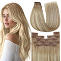 YoungSee Hair Extensions Clip ins Blonde Balayage Clip in Hair Extensions Golden Brown with Blonde Balayage Clip in Human Hair Extension for Women 22inch 120g