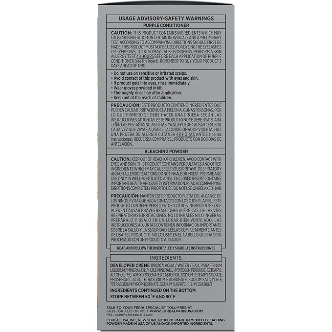 L'Oreal Paris Feria Hyper Platinum Advanced Lightening System Hair Bleach, Lifts Up To 8 Levels, Includes Anti Brass Purple Conditioner, 1 Hair Dye Kit