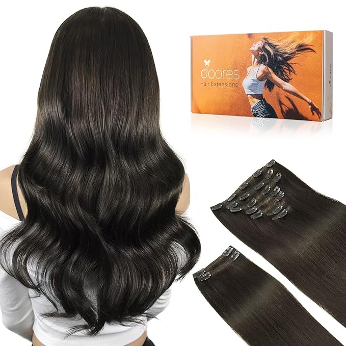 DOORES Clip in Human Hair Extensions, Mocha Brown 150g 9pcs 20 Inch, Real Natural Hair Extensions, Thick Silky Straight Extensions