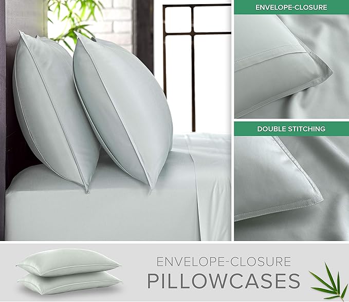 Queen Pillowcases by Pure Bamboo, Genuine 100% Organic Viscose Derived from Bamboo, Luxuriously Soft & Cooling, Double Stitching, Envelope Closure (2 Queen Pillowcases, Sea Glass)
