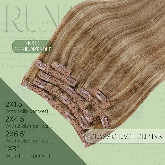 RUNATURE Clip in Hair Extensions Real Human Hair 150g 7pcs Dark Blonde Clip in Hair Extensions 24 Inch Long Straight Hair Can Be Styled #10P16 Dark Blonde Highlight Caramel Blonde