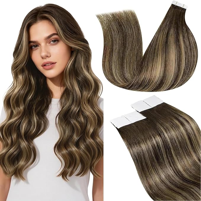 LaaVoo Hair Extensions Tape in Brown Balayage Human Hair Tape in Extensions Ombre Brown to Caramel Blonde with Brown 18inch 20pcs 50g