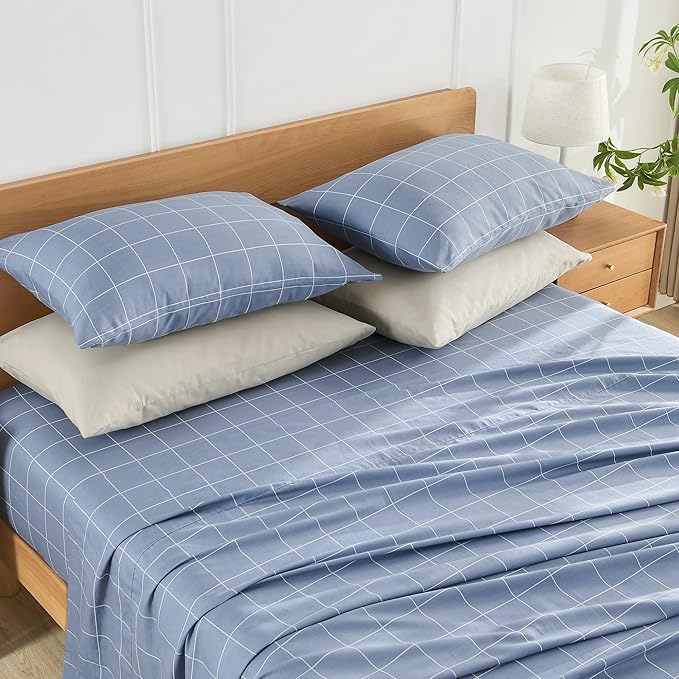 JELLYMONI 100% Natural Cotton Plaid King Pillowcases Set, 2 Pack Blue Checkered Pattern Printed Pillow Covers with Envelope Closure (Pillows are not Included)