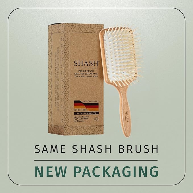 Made in Germany - SHASH Paddle Hair Brush for Hair Extensions, Thick And Curly Hair - Detangler With Long Pins & Rubber Cushion - Helps Detangle Knots, Eliminate Frizz, Reduce Pulling & Snagging