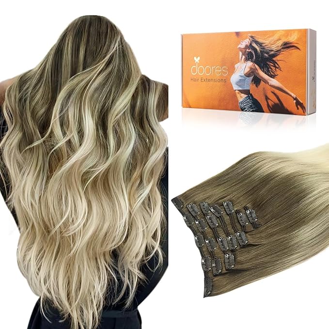 DOORES Clip in Hair Extensions, Ash Brown to Platinum Blonde 135g 7pcs 16 Inch, Remy Silky Hair Extensions Clip in Human Hair Natural Straight Weft Gift