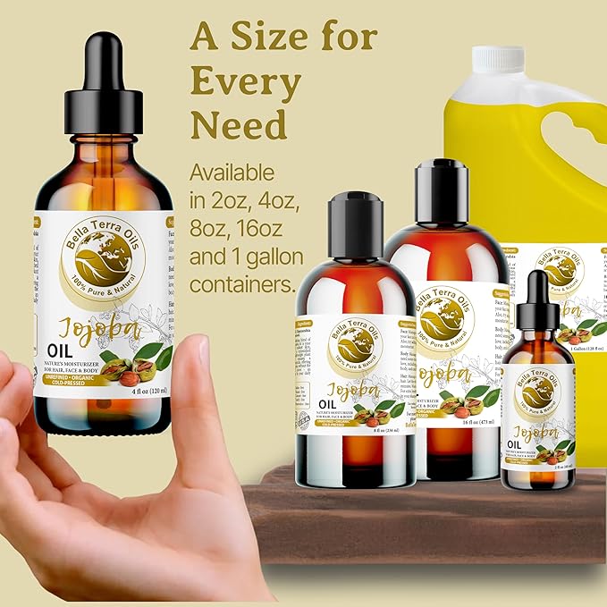 Bella Terra Oils Pure Golden Jojoba Oil – 1gallon, Cold Pressed, Non-GMO, Versatile Beauty Care – 1gallon, Perfect for Hair, Skin, and Nails