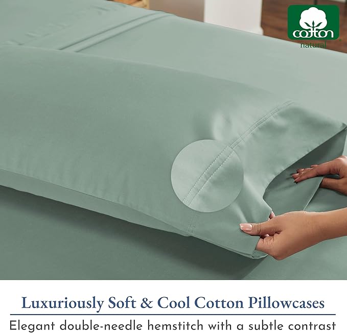 California Design Den Standard/Queen Size Pillow Cases Set of 2 - Luxuriously Soft and Thick 800 Thread Count, Smooth Sateen, Natural 100% Cotton Pillowcases Queen, Durable -Sage Green