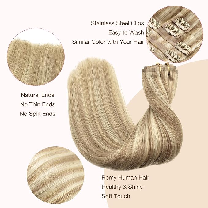 GOO GOO Clip in Hair Extensions Real Human Hair, Remy Human Hair Extensions Clip ins for Women, Natural Human Hair, 24inch 120g 7Pcs, 18A/613A Dark Blonde Highlighted Bleach Blonde