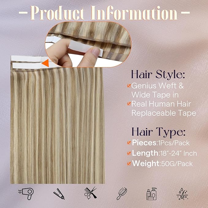 Full Shine Tape in Human Hair Extensions for Women Color 16 Highlighted 22 Blonde Tape in Weft Hair Extensions Human Hair Genius Long Weft Tape ins 50G One Piece 22Inch Seamless Skin Weft for Dating