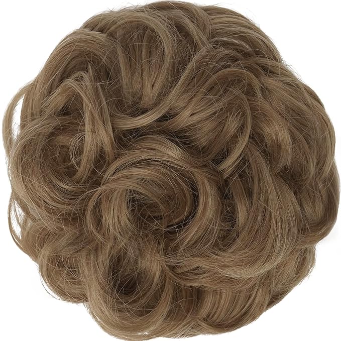 FESHFEN Messy Bun Hair Piece - Large Elastic Wavy Curly Hair Bun Scrunchies Ponytail Extensions Synthetic Chignon Hairpieces for Women, Light Brown mix Natural Blonde 1.94oz
