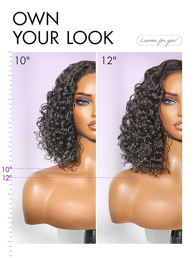 LUVME HAIR 5X5 Deep Curly 10 Inches100% Human Hair Wigs Curly Deep Wave Glueless Lace Front 10 Inches, Pre Cut Plucked Hd Lace Short Wig Ready To Go Natural Color Straight Bleached Knots Black Wigs