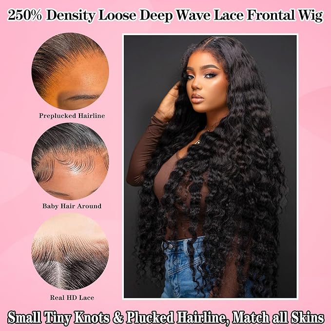 250% Density HD Full Lace Front Wigs Human Hair Loose Wave 100% Real Human Hair 15A Full 13x4 Large Lace Space Loose Deep Wave Wig, No Synthetic Blend Tangle Free Shedding Free Triple Lifespan 3X