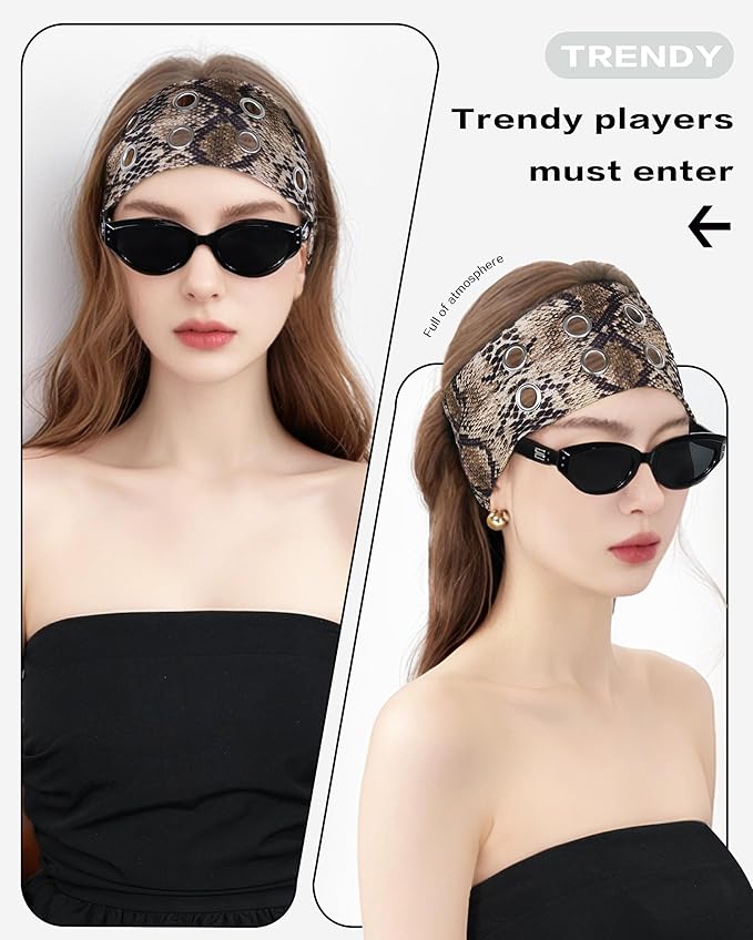 Grommet Headband for Women, Brown Snakeskin 23cm Hollow Out Elastic Hair Band, Eyelets Punk Grunge Stylish Hairband