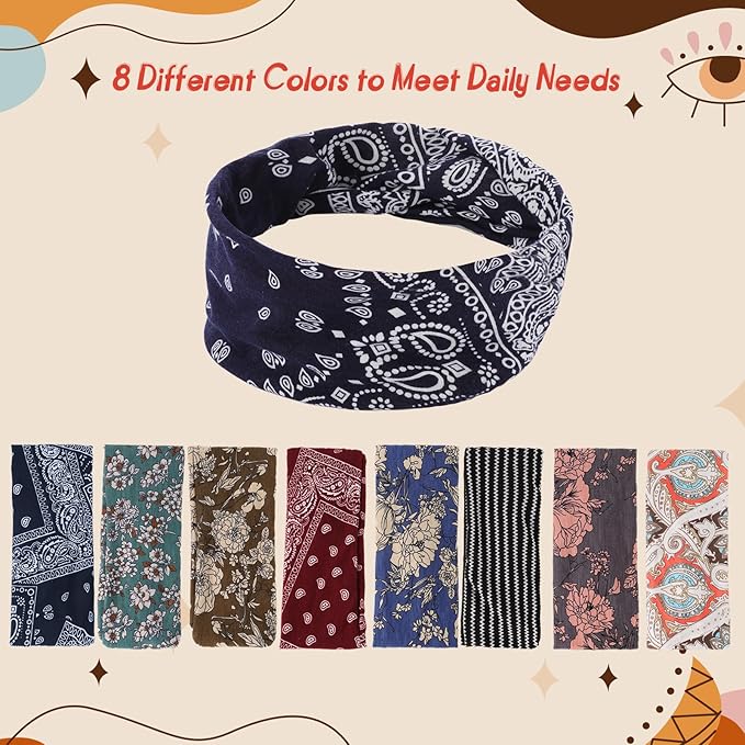 obeoby Headbands for Women, 8 Pack Boho Style Headbands Non Slip Fashion Wide Hairband Hair Wrap Hippie Clothes for Women