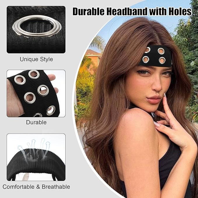 papasgix Grommet Headband for Women, Y2K Elastic Headband Wide Black Hair Band with Holes Metal Rock Style 2000s Hair Accessories (1, Black)