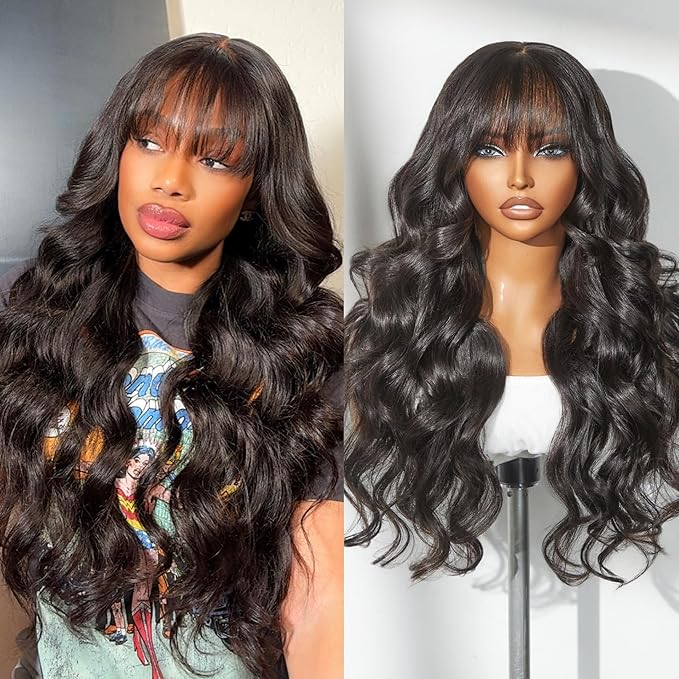 LUVME HAIR 7x6 HD Lace All-Day Comfort Wig with Bangs 200% Density Hair PartingMax Lace Wigs Loose Body Wave Lace Front Wigs Human Hair Pre Cut Plucked Lace Frontal Glueless 22 Inches