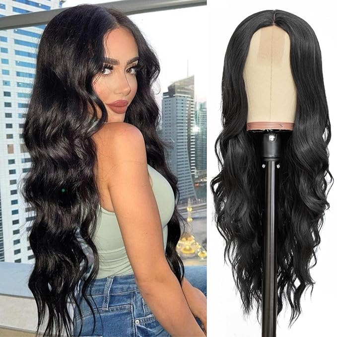NAYOO Long Black Wavy Wig for Women 26 Inch Middle Part Curly Wavy Wig Natural Looking Synthetic Heat Resistant Fiber Wig for Daily Party Use (Natural Black)