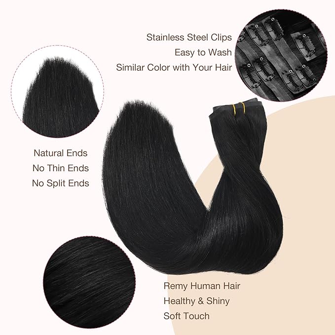 GOO GOO Clip in Hair Extensions Real Human Hair, Remy Human Hair Extensions Clip ins for Women, Natural Human Hair, 24inch 120g 7Pcs, 1 Jet black