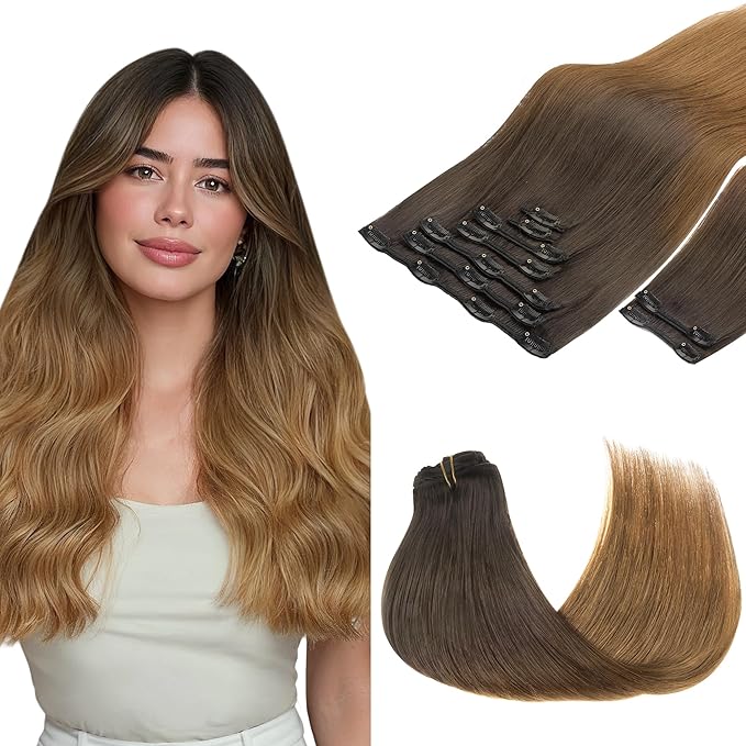GOO GOO Clip in Hair Extensions Real Human Hair, Remy Human Hair Extensions Clip ins for Women, Natural Human Hair, 22inch 150g 9Pcs, 1D/2C/4E Chocolate Dip Color Melt