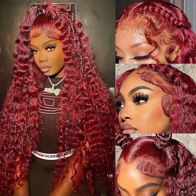 BVLBVL 24 Inch 99j 13x6 HD Lace Front Wigs Human Hair 250% Density Deep Wave Lace Front Wigs Pre Plucked Burgundy Wig Human Hair Wet And Wavy No Tangle No Shedding Triple Lifespan 3x
