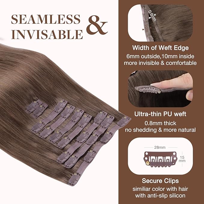 GOO GOO Clip in Hair Extensions Real Human Hair, Remy Human Hair Extensions Clip ins for Women, Natural Human Hair, 14inch 130g 9Pcs, 5 Light Ash Brown